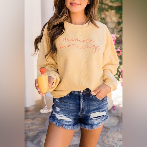 Pink Lily Tops - Pink Lily “Mimosa Mornings Gold Corded Graphic Sweatshirt”